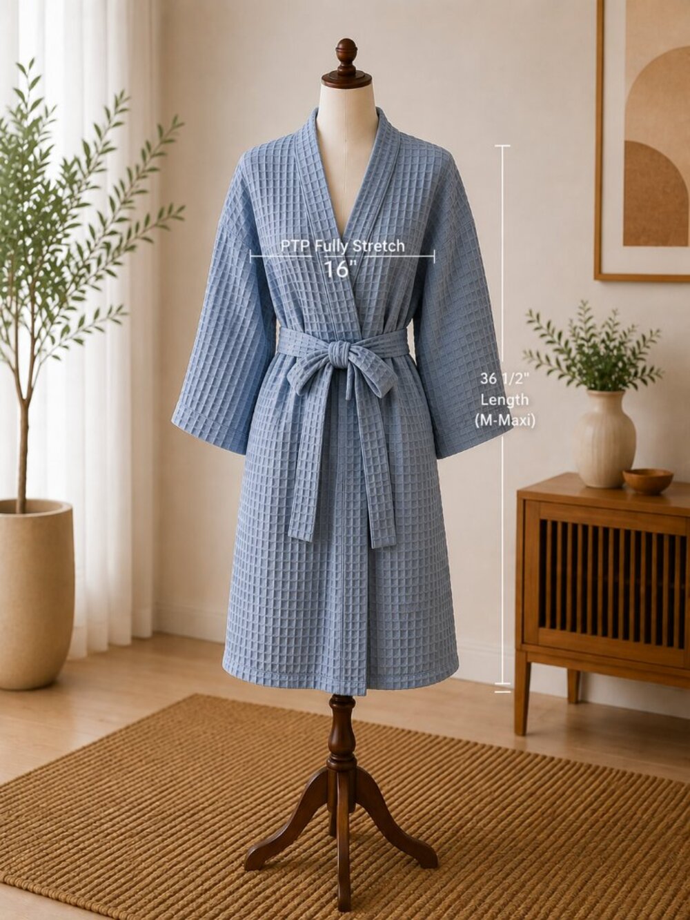 Nordstrom Everyday Waffle Cotton Short Robe Blue Stonewash S NWT - Picture 5 of 6